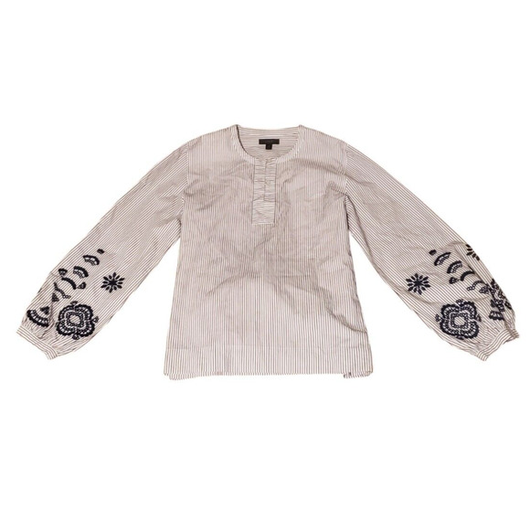 J Crew Embroidered Tunic Blouse Long Sleeve Hippie Boho Striped Tie Women Medium - Picture 1 of 6